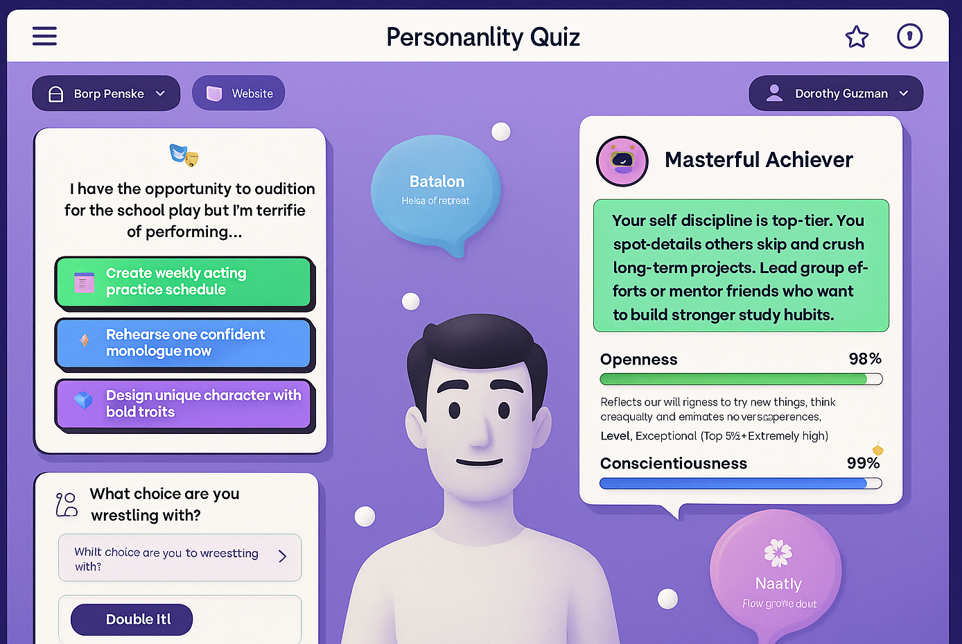Personality quiz interface showing avatar creation and results